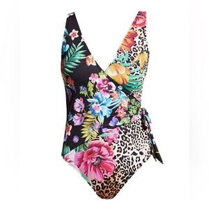 Johnnywas Neon Jungle Floral Tie Wrap One Piece Swimsuit size XS